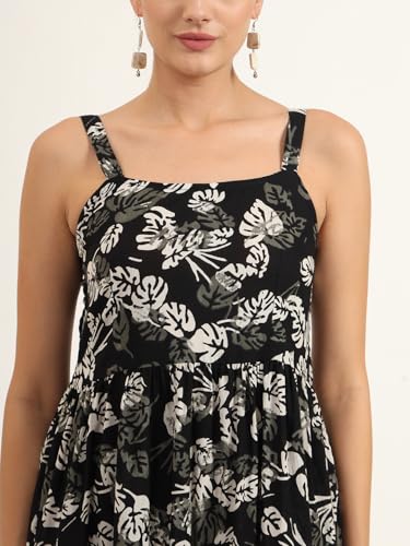 Divena Black Floral Print Pure Cotton Fit & Flare Dress