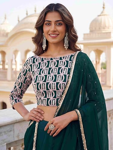 Zeel Clothing Women's Chikankari Sequins Embroidered Georgette Lehenga Choli with Dupatta (5050-Green-Women-New-Lehenga-Choli; Free Size)