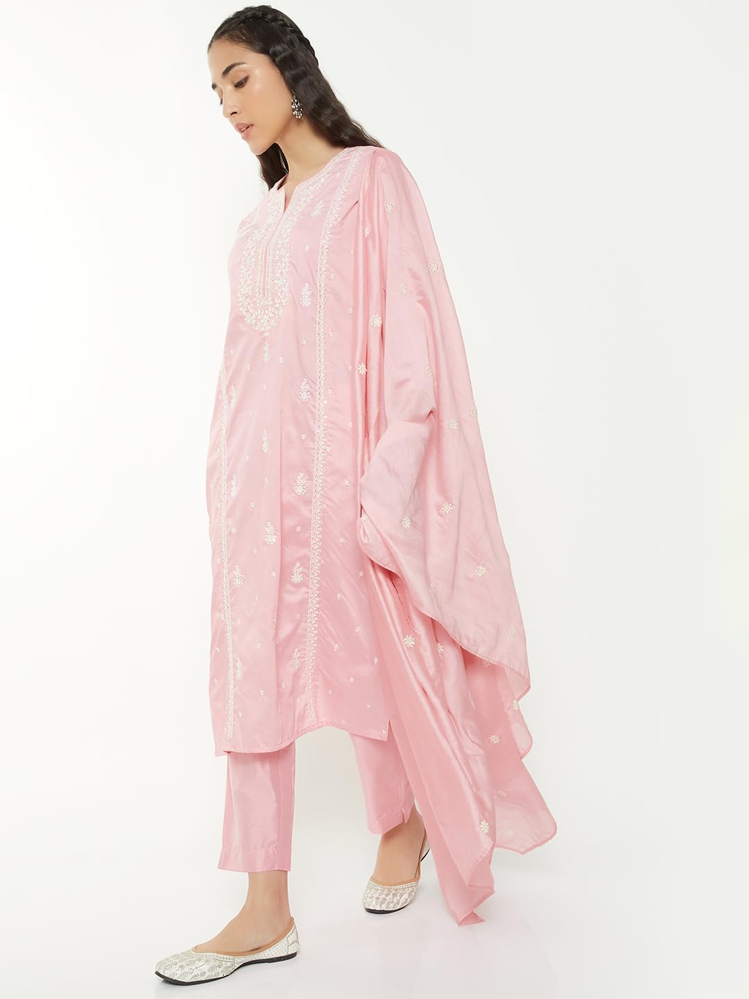 Max Women Embroidered Straight Kurts Set (Pink_XL)