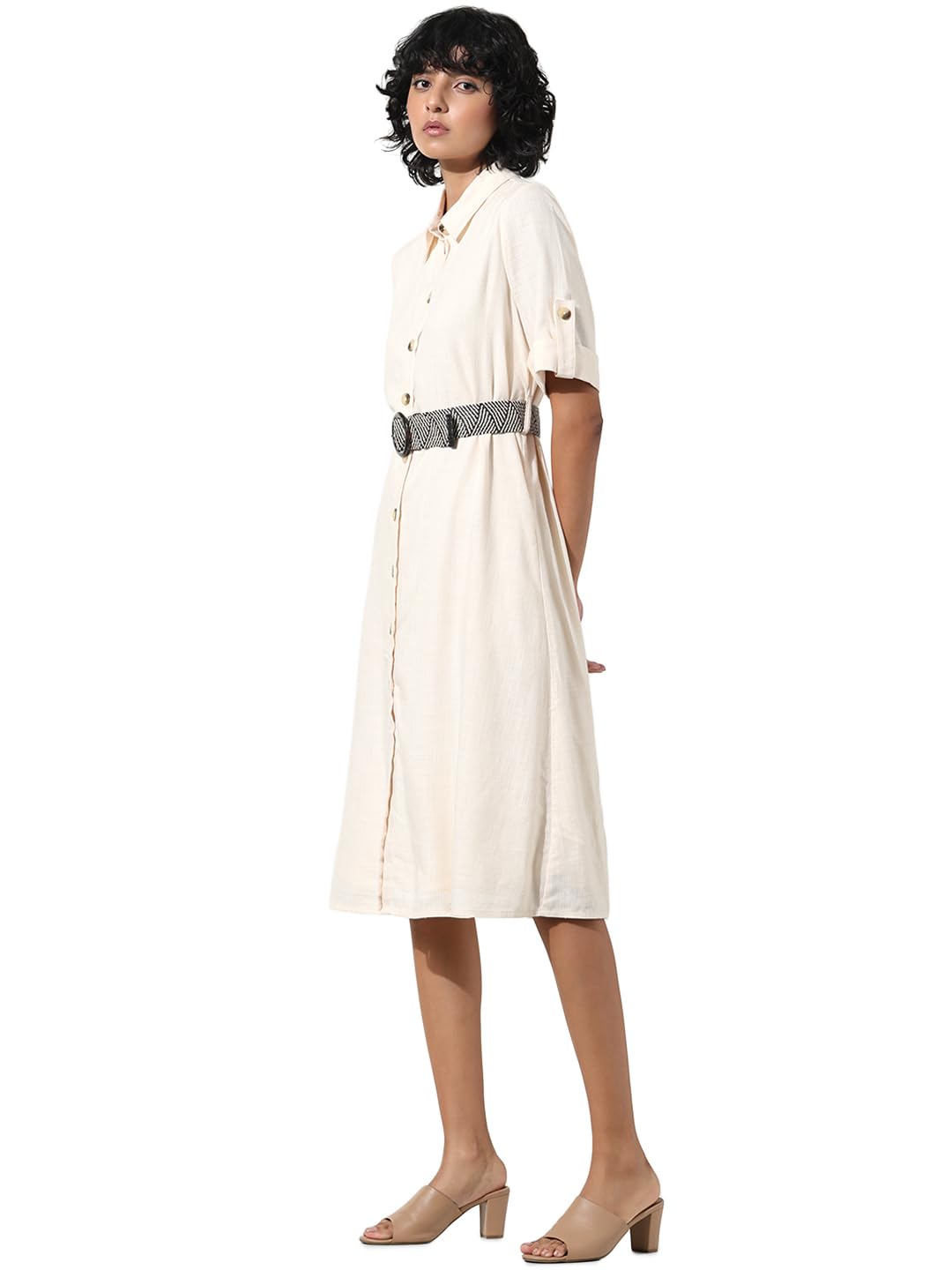 ONLY Women Solid Viscose Midi Cream Shirt Dress
