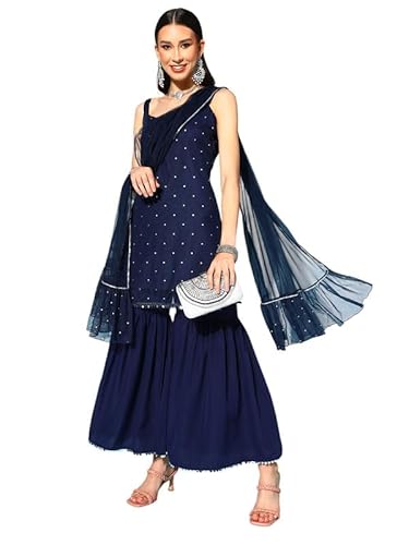 Embroidered Shoulder Straps Beads & Stones Straight Kurta With Sharara & Dupatta