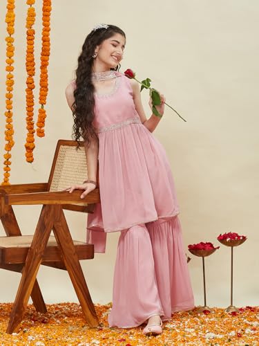CURLY TALES ALPHA Girls Pink Sharara Set with Dupatta | Sleeveless Embellished Kurti with Gota Work | Ethnic Indian Dress for Kids | Traditional Festive Outfit for Wedding & Festivals