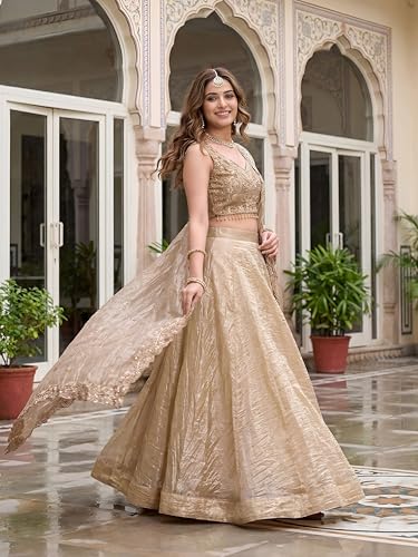 Zeel Clothing Women's Zari Sequins Embroidered Work Crush Silk Lehenga Choli With Dupatta (5136-Golden-Women-Lehenga-Choli-Latest; Free size)