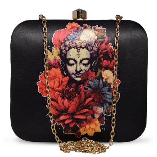 Artklim Black Buddha & Flowers Print Clutch Handbag for Women & Girls - Handcrafted Box Statement Sling Bag - Fashionable Evening Purse - Gift for Mother
