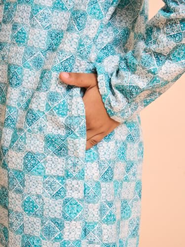 Manyavar Boys Cotton Blend Printed|Embroidery Kurta Pyjama Set (Aqua Green,8-10Y)