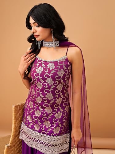 MAVIXA Women's Embroidered Kurta and Sharara with Dupatta | Wedding Suit | Kurta Set | (IN, Alpha, XS, Regular, Purple)