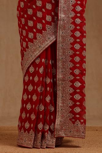 Soch Womens Red Georgette Embroidered Saree With Stone Work