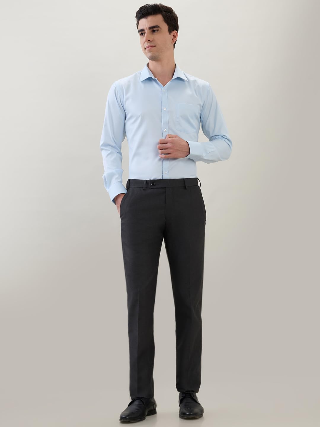 Park Avenue Men Slim Fit Structure Pattern Poly Viscose Blend Flat Front Formal Trouser Dark Grey