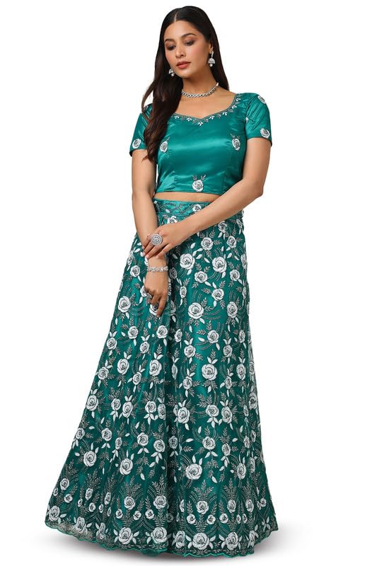 Soch Womens Teal Net Embellished Unstitch Ghagra Choli With Sequins