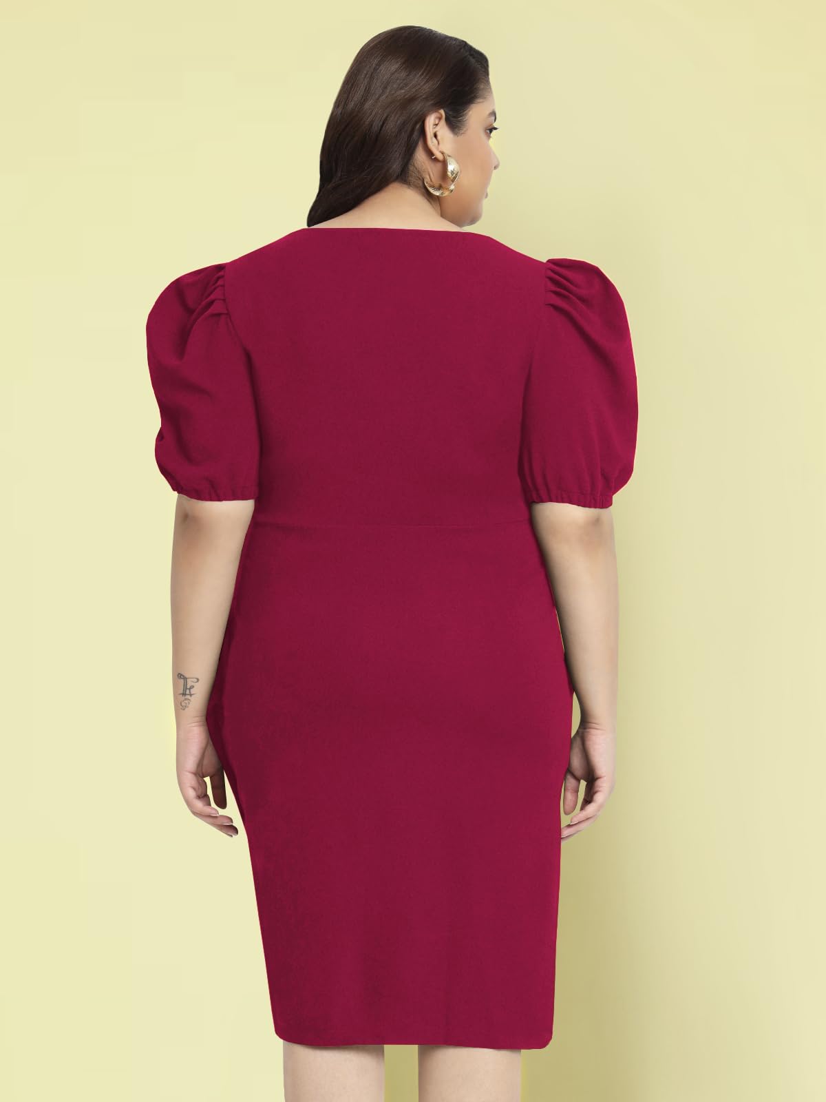 wild U Women Plus Size Bodycon Dress | Stretchable | Puff Sleeve | Knee Length | Western Stylish (Fuchsia Pink - 7XL)