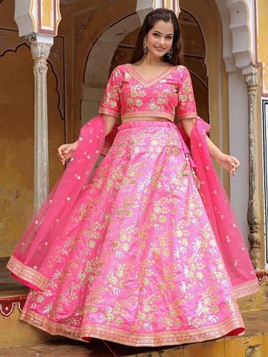 Zeel Clothing Women's Zari and Sequins Embroidered Art Silk Lehenga Choli for Women (7028-Pink-Wedding-Bridal-Designer-Lehenga-Choli-Latest; Free Size) (Pink)