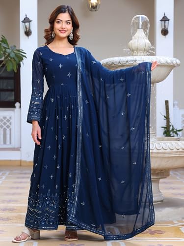 Fashion Basket Women's Georgette Anarkali Lond Dress with Duptta Turquoise