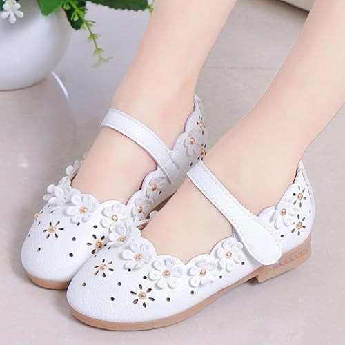Bold N Elegant PU Leather Girl's Party Ballerina Belly Sandal Shoes Footwear with Gold Bead Floral Cutwork for Infant Toddler Young Girls (White, Numeric_14)