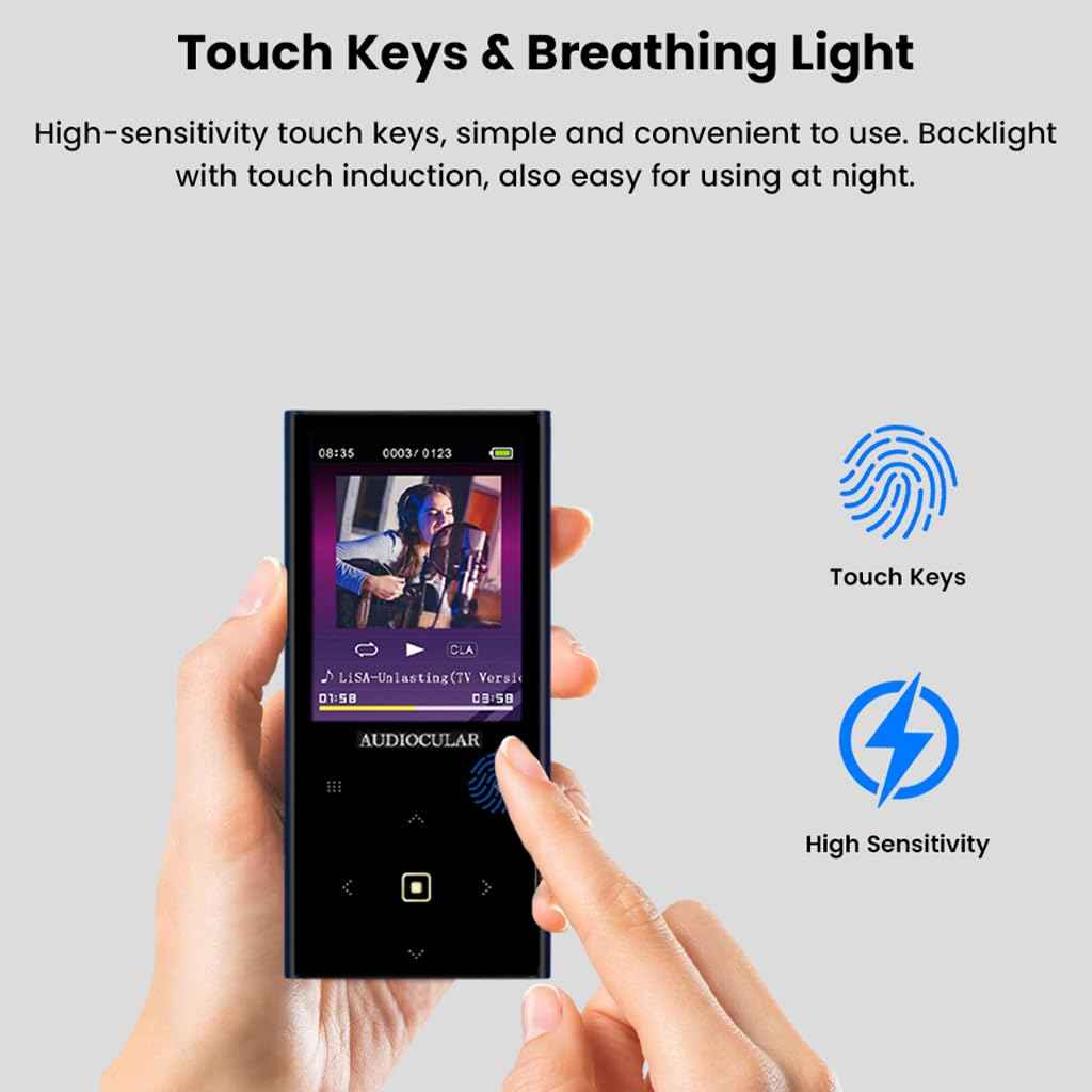 AUDIOCULAR M21 32GB Portable Mp3 Music Player with Bluetooth, 2.4” LCD Touch Screen, Video Playback, Built-in Speaker, Voice Recording Function, Pedometer, Mini Pocket Mp3 Player (32GB - Black)