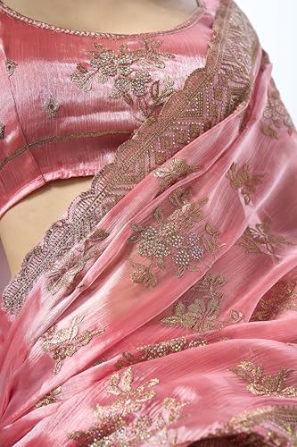 ORHANS Women's Organza Embroidered Work Saree With Organza Matching With Unstitched Blouse Piece