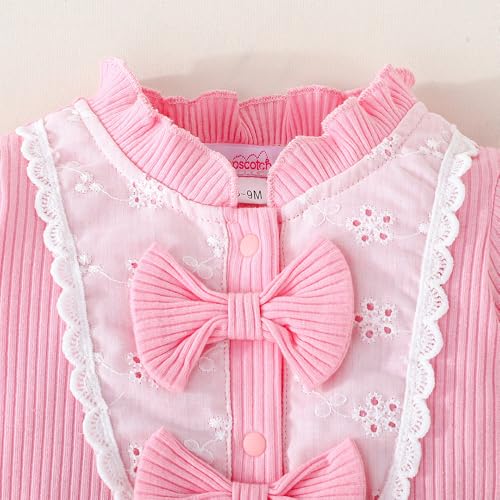 Hopscotch Girls Full Sleeves Pink Bow Applique Ruffled Bodysuit For Ages (6-9 Months)