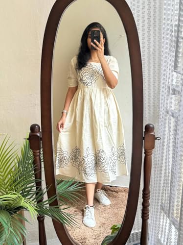 Kalanagri Floral Hand Block Print Cotton Midi Dress with Square Neck & Puff Sleeves Casual Fit & Flare Dress (Off White - XXL)
