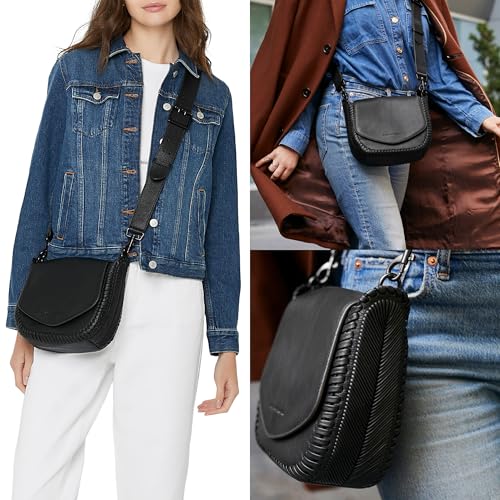 Aimee Kestenberg All For Love Saddle Crossbody Bag for Women - Small Leather Crossbody Purse - Adjustable & Removable Strap, Black With Shiny Black, Small, All for Love Saddle Crossbody - Black With