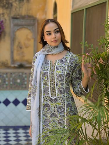 Divena Sea Green Cotton Block Print Kurta Pant with Dupatta