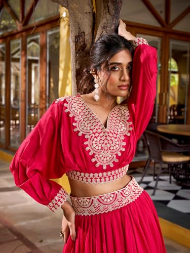 LooknBook Art Women's Lehenga Choli, Vichitra Silk with Embellished Crop Top, Traditional Indian Ethnic Wear (Pink)