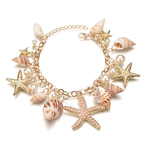 ZIBUYU® Bracelet for Women and Girls Seashell Exotic Boho Adjustable Chain Seashell Bracelet Accessories Starfish Conch Pearl Bracelet for Women Shell Jewellery Birthday Gift for Women - 1 Pcs