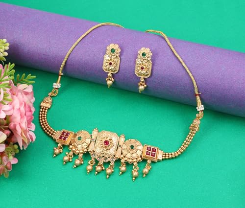 Khannak Traditional Rajwadi Gold-Toned Choker Necklace and Earrings Set with Red and Green Stones for Women for Wedding,Festivals and Occassions