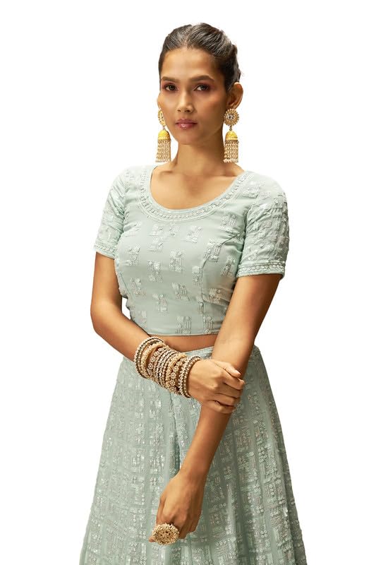 Soch Womens Powder Blue Georgette Geometric Pattern Sequin Embellished Unstitched Lehenga Set