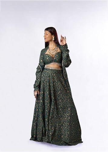 Anakriti Label Women Dark Green Lehenga Set with Jacket & Sweetheart Neck Blouse | Festive Indo-Western Ethnic Outfit for Wedding, Sangeet & Party Function Dark Green - XS