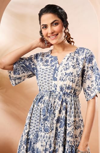 Janasya Women's Blue Pure Cotton Floral Printed Fit & Flare Dress (JAA26DR03620-JA-2XL)