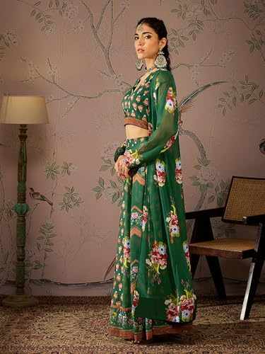 Green Multi Floral Crop Top With Anarkali Skirt & Shrug
