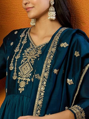 TRENDMALLS Women's Vichitra Silk Embroidery Salwar Suit Set Anarkali Kurta Set with Dupatta (G329-Morpeach-S)
