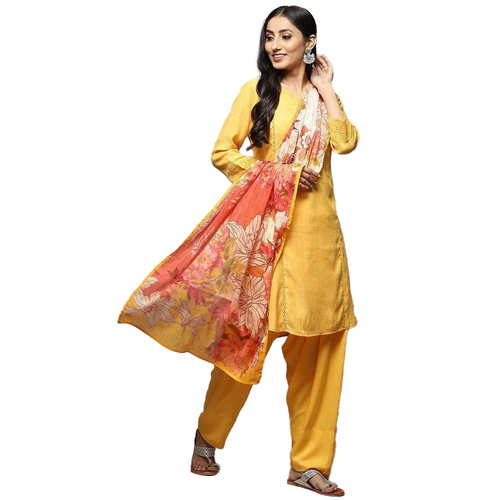 BIBA Women Viscose YARNDYED RELAXED SALWAR KURTA DUPATTA(SKDLOUNGE I8523_YELLOW_40)