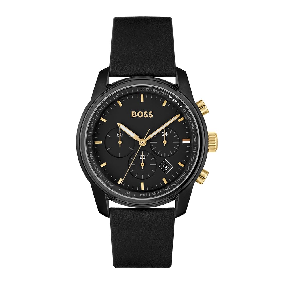 Hugo Boss Trace Leather Analog Men's Watch-1514003 (Black Dial Black Colored Strap)