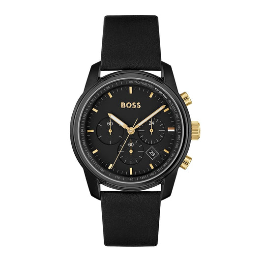Hugo Boss Trace Leather Analog Men's Watch-1514003 (Black Dial Black Colored Strap)