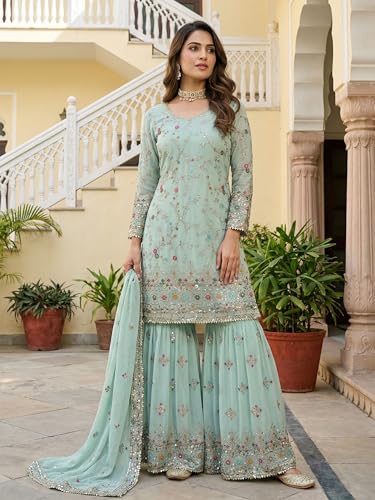 Leeli Peeri Designer Women's Faux Georgette Embroidery Kurta Sharara Set With Dupatta