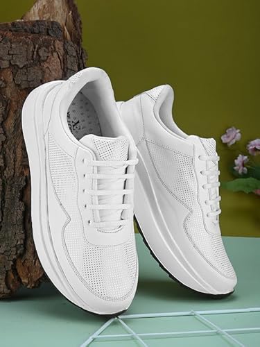 XE Looks White Lace-Up Platform Sneakers | Perforated Upper | Cushioned Insole | Casual & Walking Shoes For Girls & Women