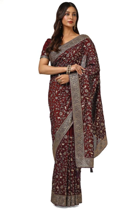 Soch Womens Maroon Tussar Embroidered Saree With Stone Work