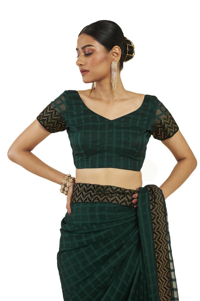 Soch Women Green Silk Checkered Saree (8907715832327_Green_FS)