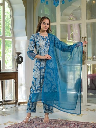 Divena Blue Rayon Floral Printed Kurta Pant with Dupatta