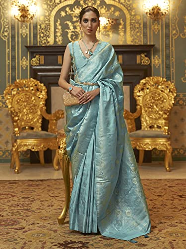 AKHILAM Women's Silk Blend Woven Design Saree With Unstitched Blouse Piece (Blue_KANDNA221005_RJ)