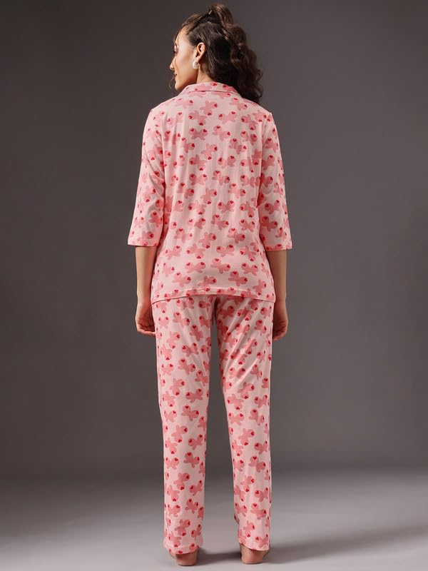 Clovia Women's Cotton Printed Button-Down Shirt & Pyjama Set (LS5585G34_Peach_L)