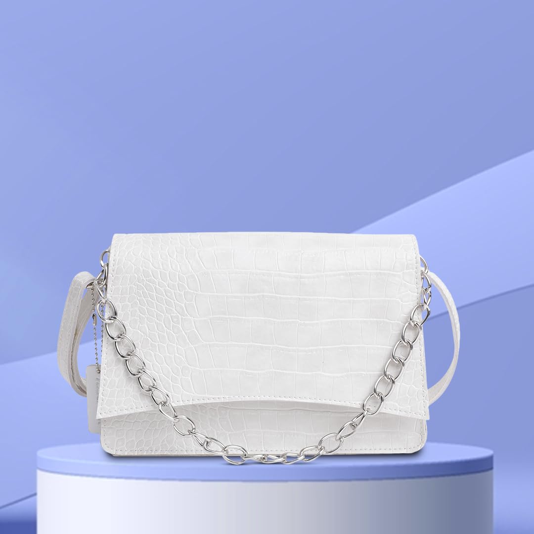 Fastrack Party Sling Bag for Women |Stylish and Structured Handbag for Girls, Ladies, Women | Textured Bag Made of faux Leather (White)