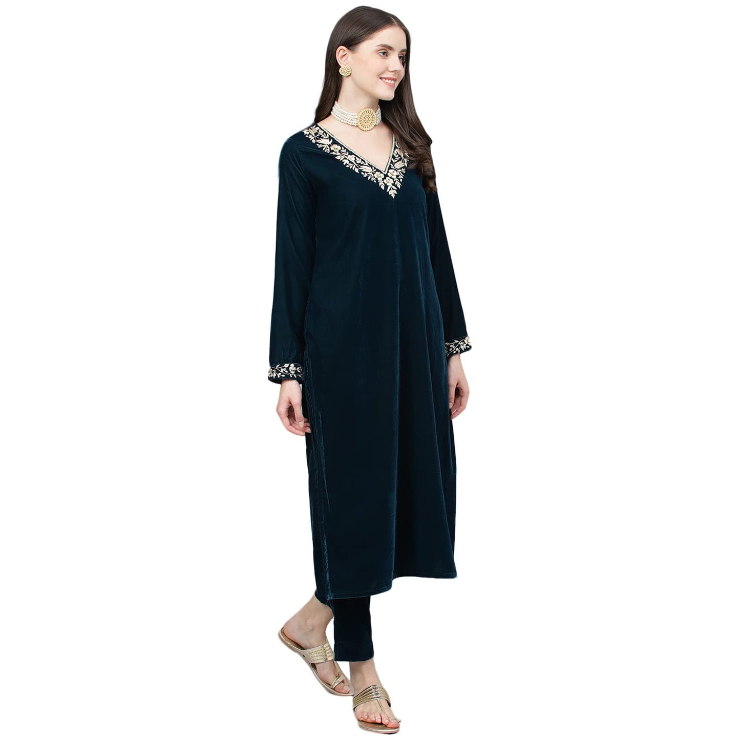 Divena Teal Green Valvet hand work Kurta pant With Organza Dupatta set