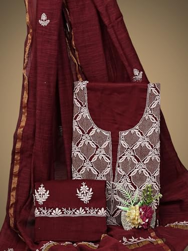 Ada Hand Embroidered Lucknowi Chikankari Unstitched Cotton Dress Material Suit Piece with Dupatta for Women 01A780646 Maroon