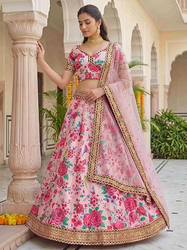 Zeel Clothing Women's Floral Print With Dori, Sequins and Stone Work Art Silk Lehenga Choli with Dupatta (7516-Light-Pink-Wedding-Women-Latest; Free Size)