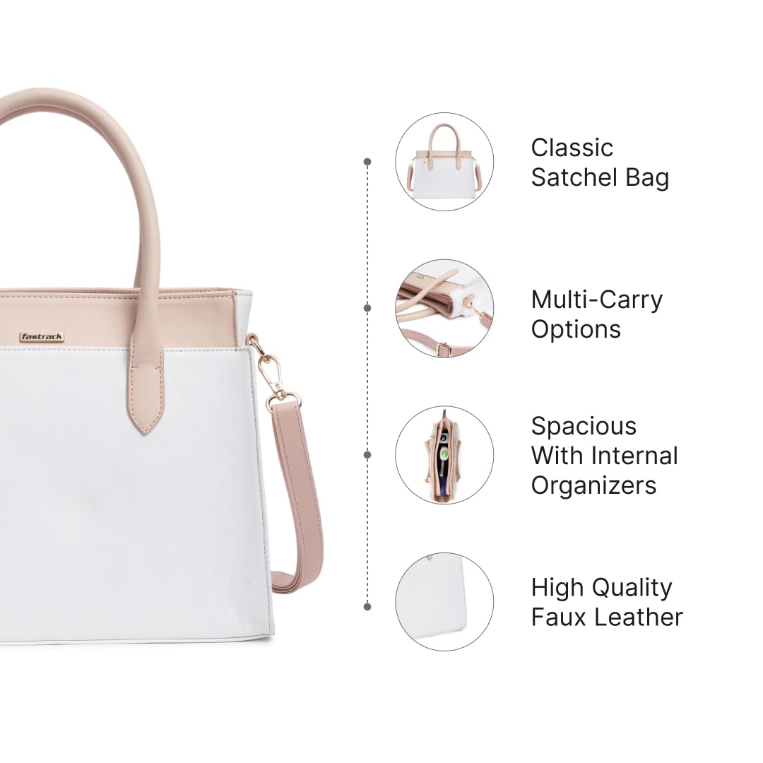 Fastrack Structured Satchel for Women | Stylish Everyday Satchel for Girls, Ladies, Women | Spacious Bag Made of Faux Leather (White)