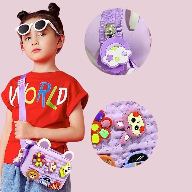 JI ACCESSORIES Cartoon Soft Silicone Bag Crossbody Shoulder Bag Purse Waterproof Anti Fall Stationery Storage Bag Handbag Sweet Birthday Gift For Children Students Girls, Multicolor (PURPLE)