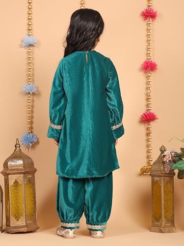 superminis Girls Velvet Lace Work Kurti Duppata and Matching Afgani Ethnic Wear Set (7-8 Years, Green)