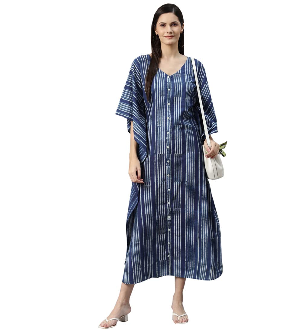 Divena Blue Hand Block Printed Striped Kaftan Dress
