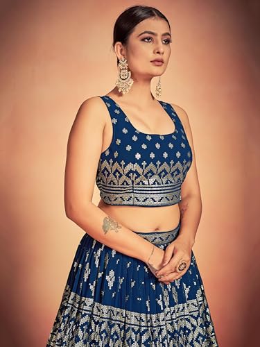 Zeel Clothing Women's Pure Georgette Semi-stitched Sequins Thread Embroidered Work Lehenga Choli With Dupatta (5117-Blue--Lehenga-Choli-New; Free Size)